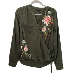 NEXT Olive Green Faux Wrap Blouse with Floral Embroidery